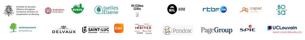 Logos des 18 entreprise : Cliniques universitaires Saint-Luc, Delvaux, GSK, Inditex, Pandox, Michael Page, SPIE, UCLouvain Saint-Louis Bruxelles, SPF Affaires étrangères, Commerce extérieur et Coopération au Développement, SPF Stratégie et Appui, Caisse auxiliaire de paiement des allocations de chômage (CAPAC), RTBF, Bruxelles Environnement - Leefmilieu Brussel, Commune d'Auderghem, Evere, Commune d'Ixelles, Commune de Saint-Gilles - Gemeente van Sint-Gillis, Ville de Bruxelles - Stad Brussel